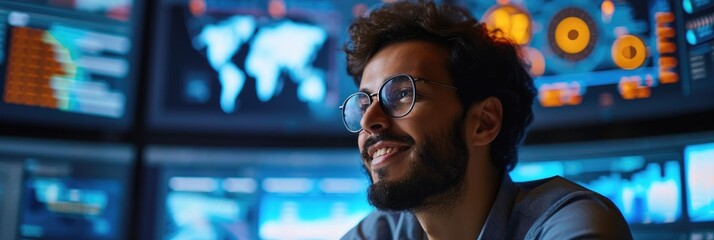 Close up shot of a smiling creative digital marketer, surrounded by glowing screens displaying successful e-commerce campaigns - obrazy, fototapety, plakaty