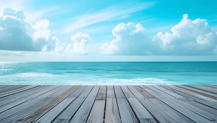 Fototapeta premium Wooden deck with a beautiful sea and sky background, overlooking the beach and ocean. This tropical wooden deck is situated at the seafront by the beach.