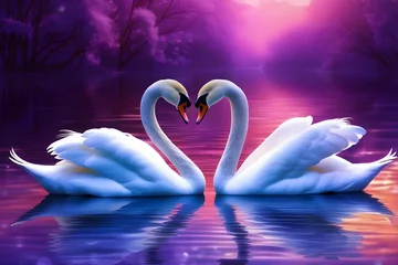 Poster two white swans swimming on the lake, couple, romance, love, purple shades, beautiful nature, heart, fairy tale  © Nitana