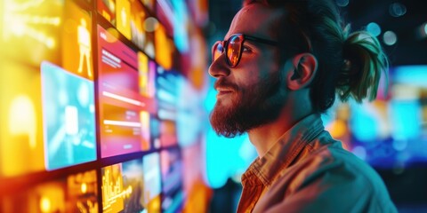 Obraz premium Close up shot of a smiling creative digital marketer, surrounded by glowing screens displaying successful e-commerce campaigns