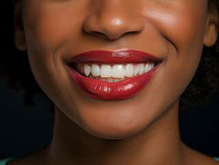 Naklejka premium Close up of Smiling Young African Women with Healthy White Teeth. For Healthcare, Veneers, and Dental Advertisements