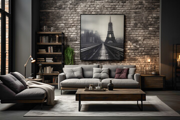 Imagine an industrial-inspired room featuring a simple brick wall in grayscale tones. Appreciate the raw and edgy vibe that defines this uncomplicated yet impactful backdrop. - obrazy, fototapety, plakaty