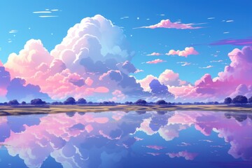 Beautiful sky with clouds reflected in the lake. illustration.