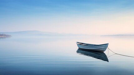 Foggy morning on the lake with a boat in the foreground Generative AI