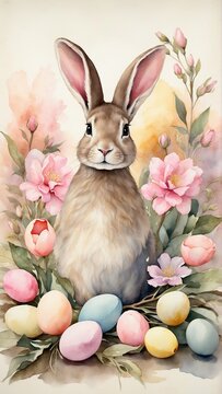 Watercolor Easter illustration with Easter bunny, Easter eggs and flowers. Vintage style. Easter holiday concept. Illustration for holiday card, banner, background, flyer, poster.