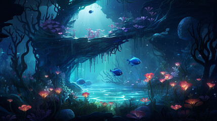 Obraz na płótnie Canvas An enchanting underwater garden teems with vibrant corals, swaying sea anemones, and an array of mesmerizing marine flora, creating a sublime tapestry of colors beneath the ocean's surface. Sunlight d