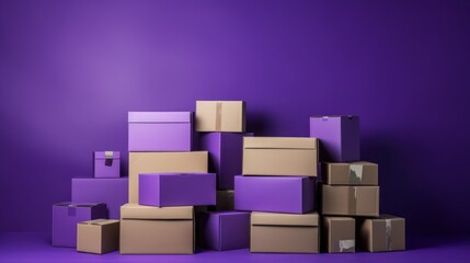 Pile of cardboard boxes on purple wall background. 3D Rendering Generative AI