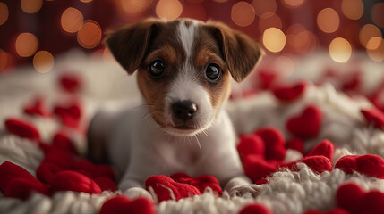 Valentine puppy, jack russell terrier with red rose, Valentine day, romance and love, 14 February, birthday present
