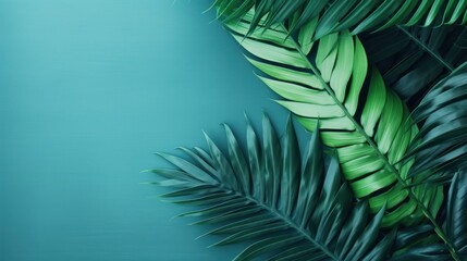 Tropical palm leaves on aquamarine background. Nature concept. Generative AI
