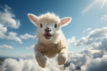Naklejka premium Cute Fluffy Little Sheep on Blue Sky Landscape Background. Cartoon Lamb