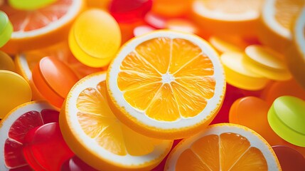 Citrus fruit background. Slices of orange, lemon, grapefruit and lime close up. Generative AI