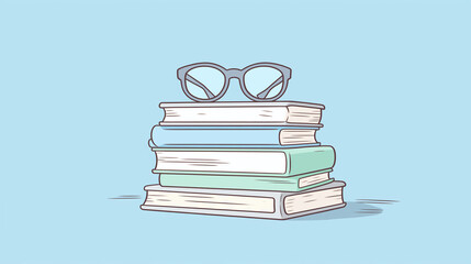A table with a stack of books and a pair of glasses perched atop water color, cartoon, hand drawing, animation 3D, vibrant, minimalist style. ai generated.