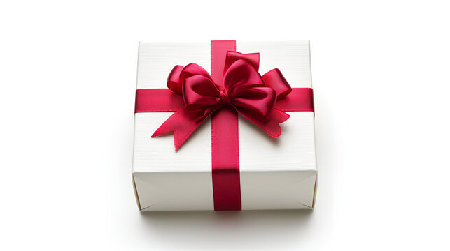 White gift box with red ribbon bow isolated on white background . generative ai 
