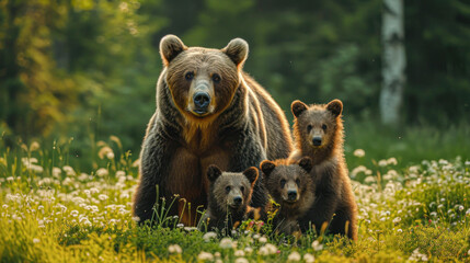Mother Brown Bear with Cubs in the Wild.A protective mother brown bear watches over her curious cubs in a lush green meadow, a peaceful moment in the wild.