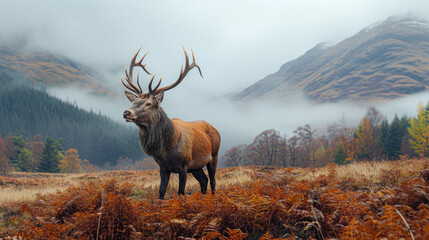 Majestic Stag Overlooking Misty Highland Landscape.A regal stag stands atop a rocky outcrop, surveying the misty, autumn-hued highland landscape stretching into the distance.