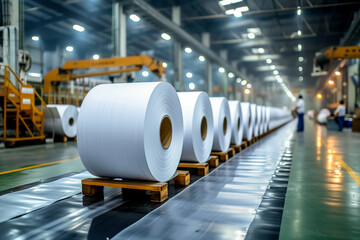 Large rolls of thermal paper produced in a mill factory. Thermal paper manufacturer - obrazy, fototapety, plakaty