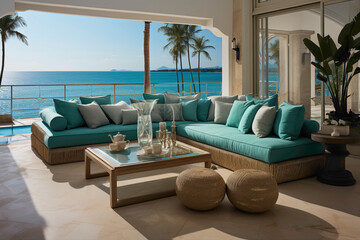 Fototapeta na wymiar Immerse yourself in the coastal ambiance of a seaside house's modern living room, where fabric sofas adorned with turquoise pillows invite you to unwind. 