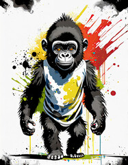 A graphic illustration of a colourful baby gorilla on a white background