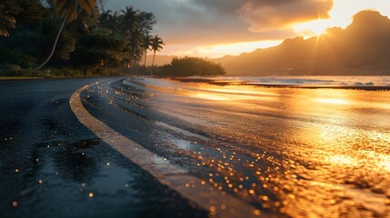 realistic photography of an asphalt road that connects directly to an exotic beach