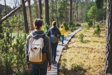 Group of hikers walking on a wooden path in a pine forest. Family spending time together concept - 721052296