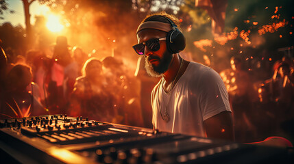 DJ Igniting the Night at Party, DJ in white spins tracks at a vibrant outdoor party, surrounded by the fiery glow of festival lights - obrazy, fototapety, plakaty