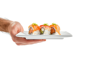 Sushi and chopsticks on a plate with fresh salmon, creating a delicious Japanese meal in a traditional setting