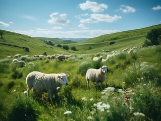 Fototapeta premium Herd of Sheep in Green Pasture