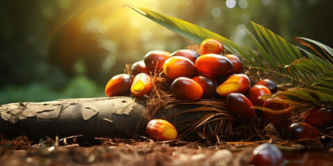 Fruits of the oil palm with a backdrop of palm ,Stacks of palm kernel oil in a vertical position on the ground make an excellent,
