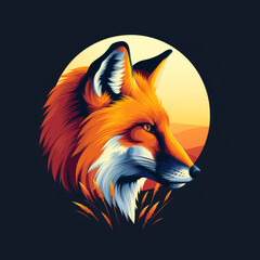 Obraz premium Stylized digital illustration of a fox head with a sunset background. 