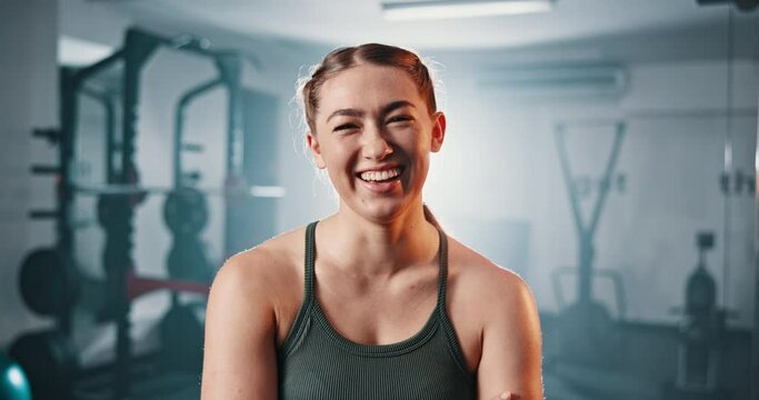 Gym, happiness and face of woman confident in fitness club, wellness or strength exercise. Smile, portrait and laughing with pride ready for athlete workout, training and challenge performance