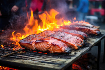 delicious flamed Salmon is smoked on open fire at Christmas street food market