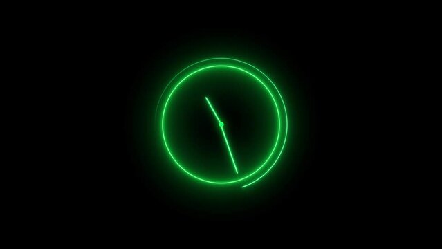 Clock icon neon light 24 Hour Day Fast Speed. Turquoise circle digital and analog clock neon looped black background 4k video.