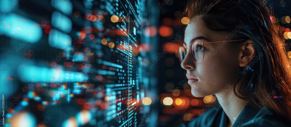 Poster female cryptocurrency trader using hologram technology, cloud computing, and ai strategies for inves