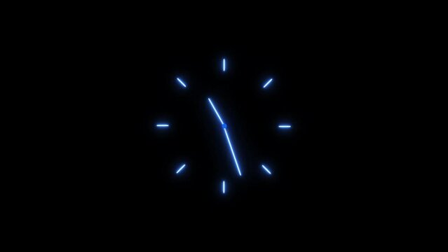 Clock icon neon light 24 Hour Day Fast Speed. Royal blue circle digital and analog clock neon looped black background 4k video.