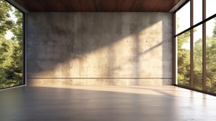 Empty room with concrete wall and sunlight. 3D Rendering. Generative AI