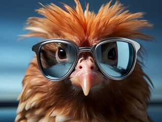 Chicken head with glasses on blue background