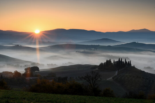 Pitoresque region Tuscany, when the sun rises, Italy.