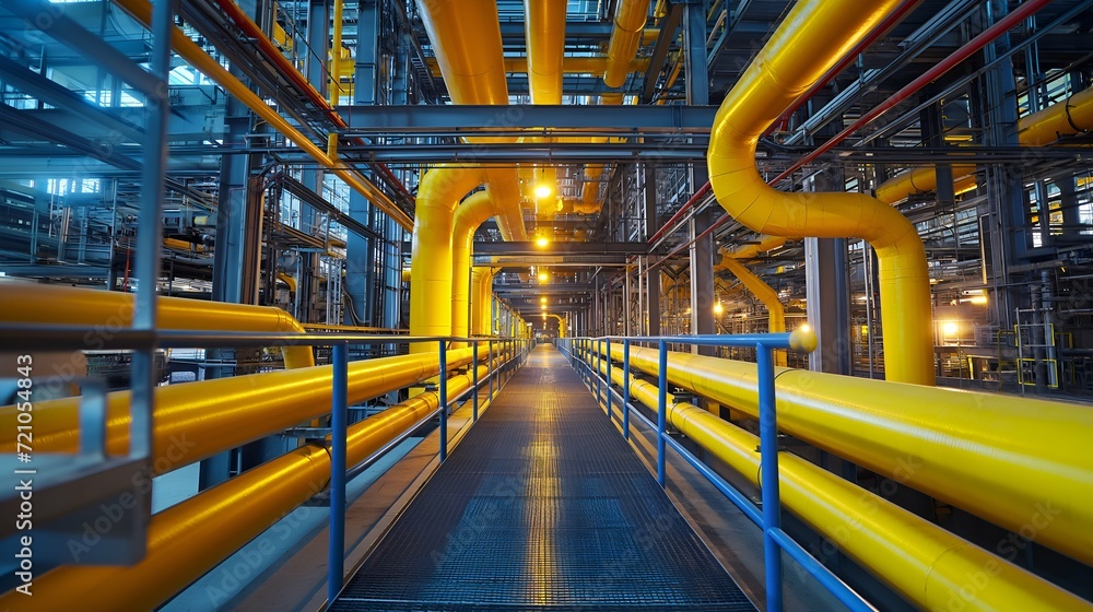 Wall mural industrial zone, steel pipelines and cables in blue tones at a power plant