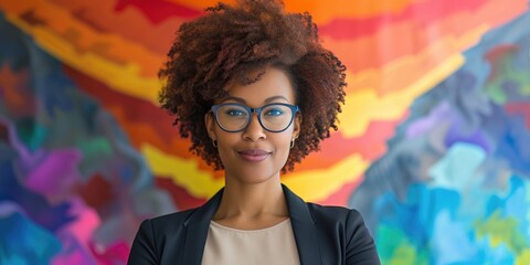 A confident young entrepreneur in front of a colorful background - obrazy, fototapety, plakaty