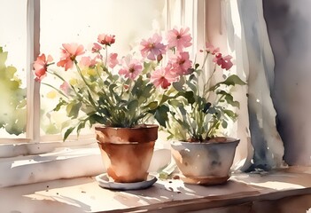 AI generated illustration of Colorful flowers on a sunny windowsill