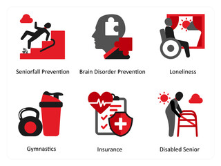 Naklejka premium Six mix icons in red and black as senior fall prevention, brain disorder prevention