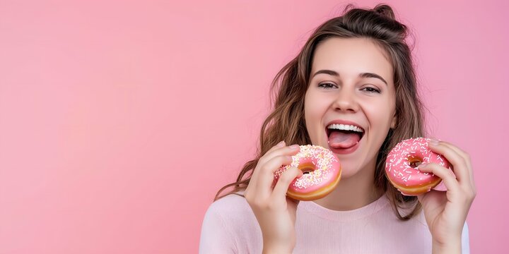 Cheerful young woman eating donuts and looking at camera isolated on pink