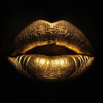 Abstract gold lips. Golden lips closeup. Gold metal art lip. Beautiful makeup. Golden lip gloss on beauty female mouth, closeup. Mouth Icon isolated on black