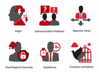 Six mix icons in red and black as anger, communication problems, opposite views