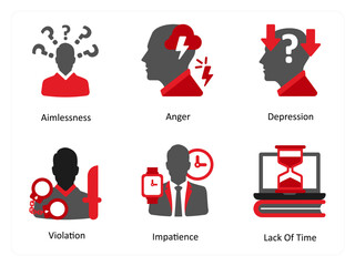 Six mix icons in red and black as aimlessness, anger, depression - obrazy, fototapety, plakaty