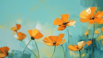 poppy flowers on a blue background. Digital painting. Oil painting Generative AI