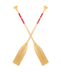 Two crossed wooden paddles on a white background