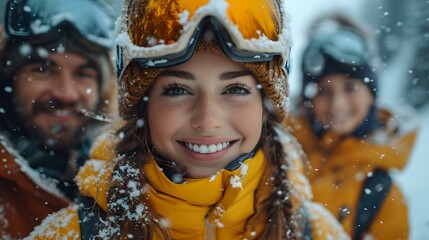 Joyful winter adventure with friends. charming smiles in snowy weather. perfect for seasonal marketing. AI