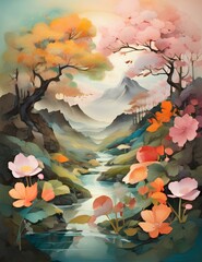 landscape with flowers, Generative AI