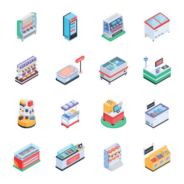 Set of 16 Supermarket Shelves Isometric Icons 

